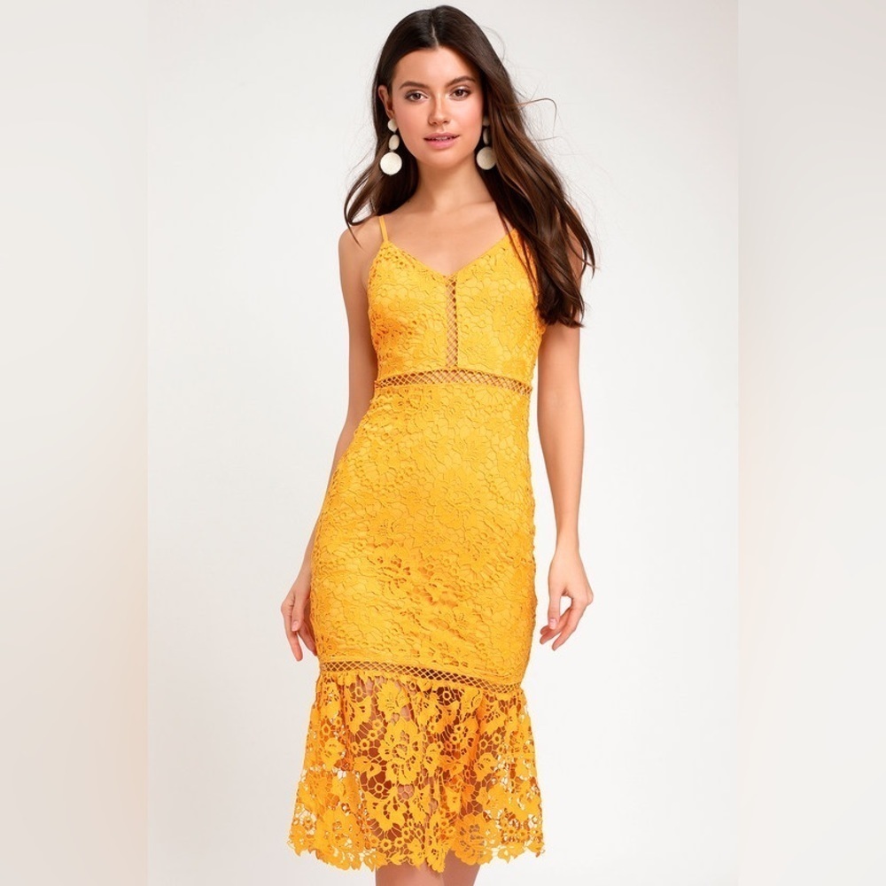 Lulu’s Taliah Golden Yellow Lace MIDI Dress NEW Size XS